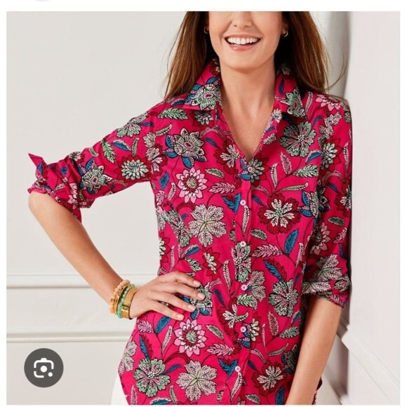 Talbots Floral Print Button-Up Blouse Large Long Sleeve Vibrant Pink Red - Picture 1 of 10